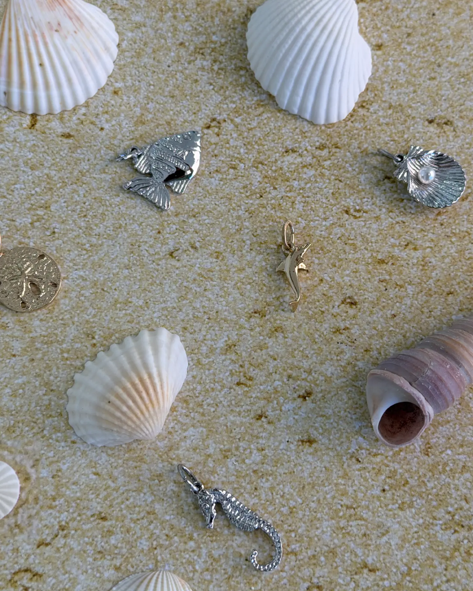 Silver fish, seahorse and pearl shell charms with gold dolphin and sand dollar charms scattered among seashells on sand